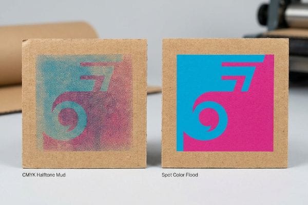 Two brown corrugated cardboard samples comparing CMYK Halftone Mud printing with vibrant Spot Color Flood, highlighting superior brand visibility.