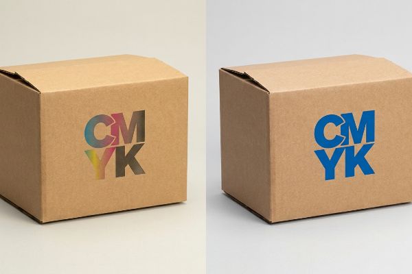 Kraftkartonboxen, bei denen der CMYK-Druckprozess einen trüben Eindruck macht, im Gegensatz zu einer klaren, satten blauen Sonderfarbe.