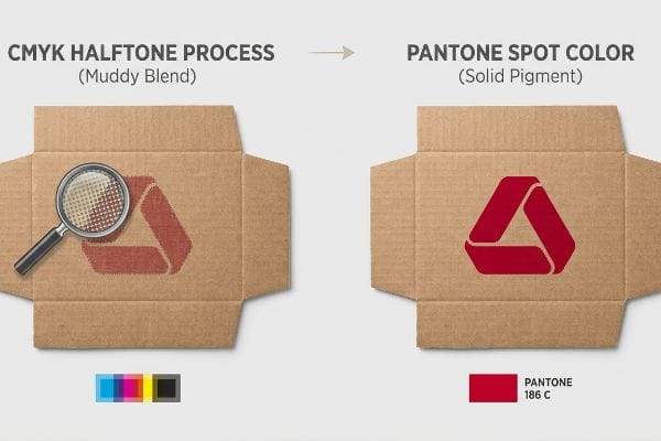 Corrugated cardboard box comparison shows muddy CMYK Halftone Process versus vibrant Pantone 186 C Spot Color for a red logo.