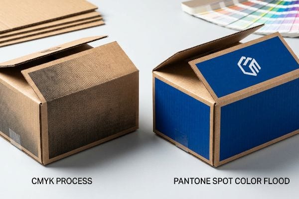 瓦楞纸箱包装对比:Cmyk 四色印刷(颗粒感强,半色调网点较多)与 Pantone 专色印刷(色彩鲜艳)的对比。.