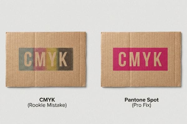 瓦楞纸板显示 CMYK（新手错误）带有颗粒状的半色调网点，而 Pantone Spot（专业修复）则使用实心洋红色来呈现清晰的品牌标志。.