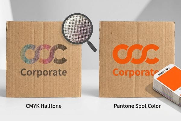 Corrugated cardboard boxes comparing CMYK Halftone and vibrant Pantone Spot Color printing of a Corporate logo, with magnified dots and swatches.
