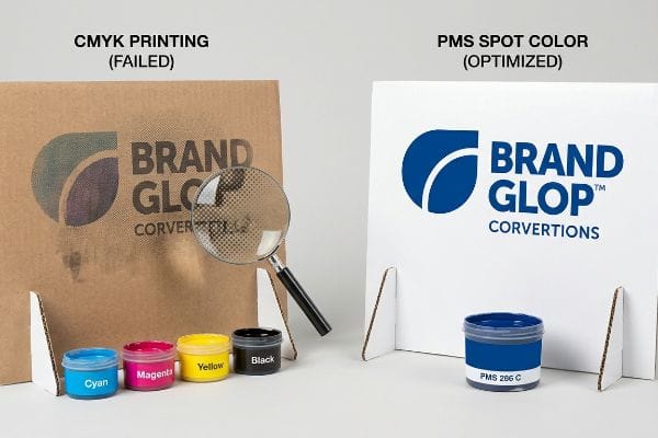 Failed Cmyk Brand Glop logo on brown corrugated board, Cmyk inks, versus optimized Pms Spot Color logo, Pms 286 C ink.