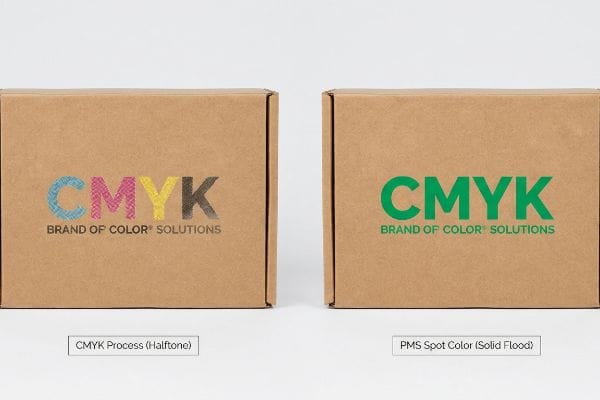 Two corrugated boxes showcase the difference between CMYK Process Halftone and vibrant PMS Spot Color Solid Flood printing for Brand Of Color® Solutions.
