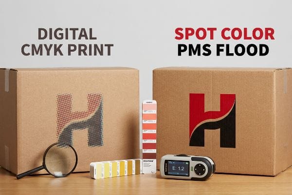 Corrugated boxes compare Digital Cmyk Print's halftone dots to Spot Color Pms Flood's solid logo, with Pantone swatches and a spectrophotometer.