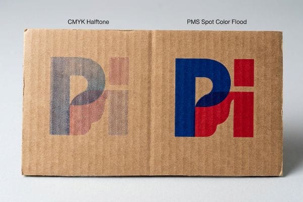 Corrugated cardboard comparing Cmyk Halftone and Pms Spot Color Flood printing of a 