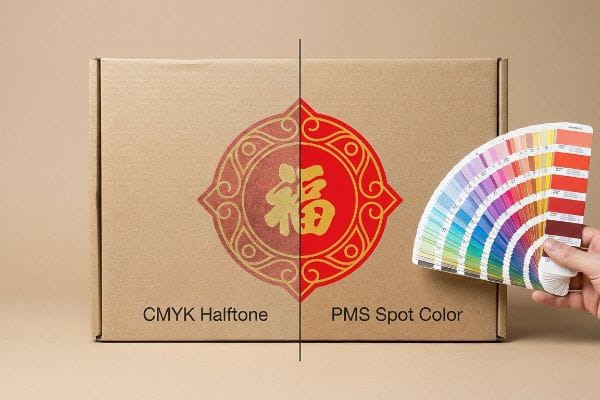 Corrugated box compares CMYK Halftone vs. vibrant PMS Spot Color printing red and gold 'Fú' design, with Pantone swatch.