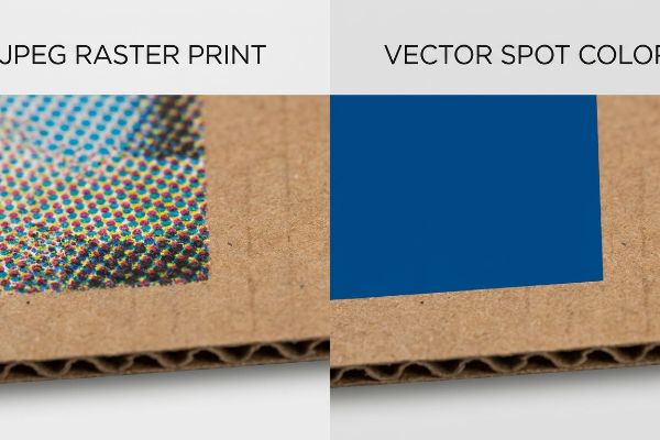 Corrugated board shows Jpeg Raster Print with grainy CMYK halftone dots versus a sharp, solid blue Vector Spot Color print.