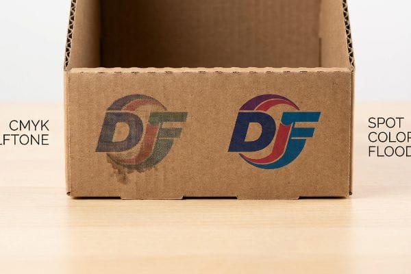 Corrugated cardboard box shows brand logo printed with muddy CMYK Halftone versus vibrant Spot Color Flood, demonstrating print quality on raw testliner.