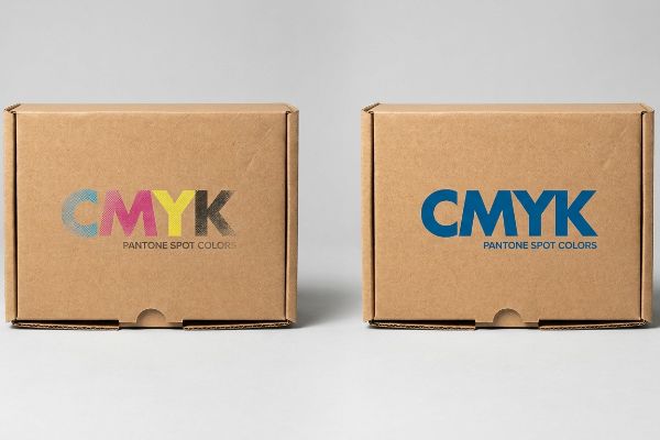 Brown corrugated boxes display CMYK process printing with grainy halftone dots versus a smooth Pantone spot color application.