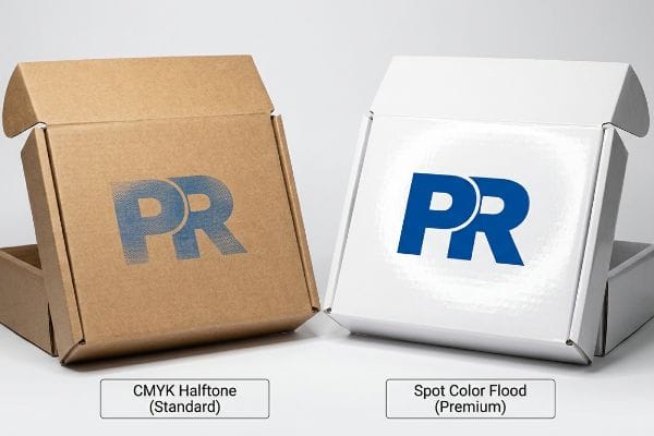 Brown kraft mailer with CMYK Halftone PR logo next to white premium mailer with vibrant Spot Color Flood PR logo.