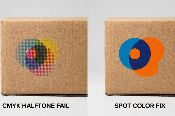 Brown corrugated boxes show CMYK Halftone Fail, grainy logo vs. crisp Spot Color Fix.