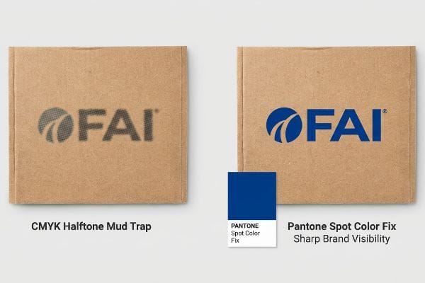 Raw cardboard samples show Fai logo: blurry Cmyk halftone vs. sharp Pantone spot color for enhanced visibility.