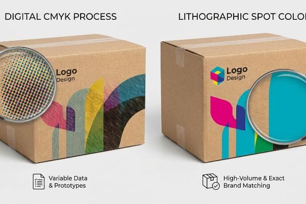 Corrugated boxes comparing Digital CMYK halftone dots and Lithographic Spot Color's solid pigment for printing.