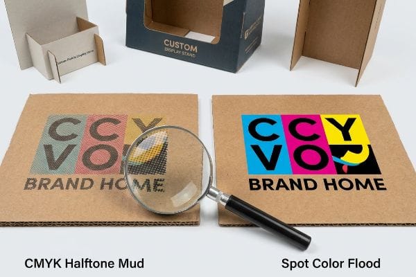 Corrugated cardboard shows 'CMYK Halftone Mud' next to 'Spot Color Flood' printing of the Brand Home logo, a magnifying glass revealing halftone dots.