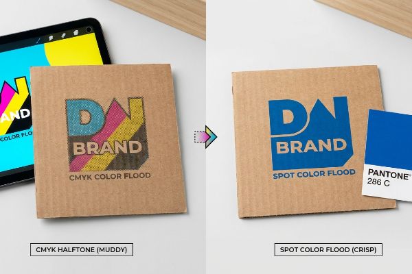 Raw paperboard: muddy CMYK Halftone DN Brand logo vs. crisp blue Spot Color Flood (Pantone 286 C).