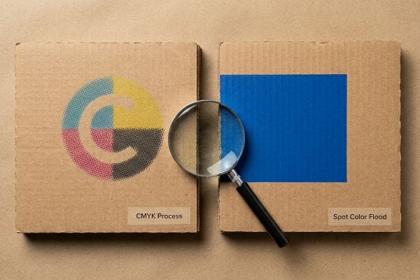 纸板表面显示 CMYK 四色印刷半色调网点和纯蓝色专色印刷,放大显示油墨密度。.