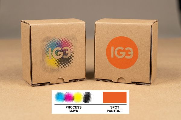 Two brown cardboard boxes display IG3 logos, one with grainy Process CMYK halftone dots and the other with a vibrant Spot Pantone orange.