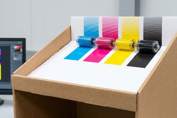 CMYK ink rollers and color swatches on a cardboard display, demonstrating commercial printing colors with a design screen in the background.