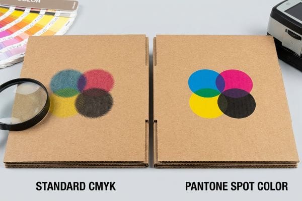 Brown corrugated boxes compare Standard Cmyk's grainy halftone dots to Pantone Spot Color's vibrant print.