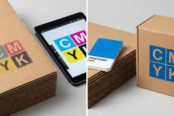 Corrugated board displays faded CMYK print, a tablet with vibrant digital CMYK, and a box with crisp blue Pantone PMS spot color.