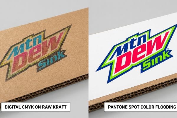 Raw kraft corrugated board shows a muddy Digital Cmyk Mtn Dew Sink logo compared to a vibrant Pantone Spot Color Flooding print.