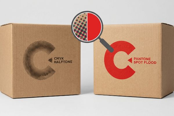भूरे रंग के नालीदार कार्डबोर्ड बॉक्स, जिन पर CMYK हाफटोन के बिंदीदार 'C' लोगो की तुलना पैंटोन स्पॉट फ्लड के ठोस लाल 'C' लोगो से की गई है, विवरण के लिए आवर्धित करके दिखाया गया है।.