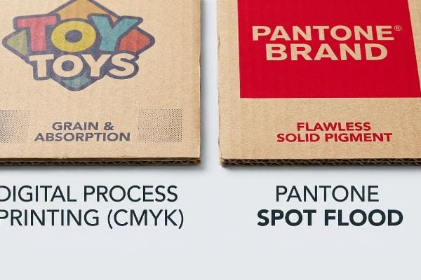 Corrugated cardboard compares Digital Process Printing (CMYK) 'Toy Toys' logo grain to Pantone Spot Flood 'Pantone Brand' flawless solid pigment.