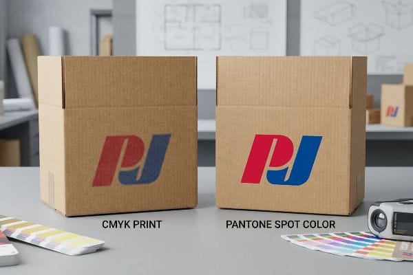 Natural brown corrugated boxes showcasing a logo printed with muted CMYK Print versus vibrant Pantone Spot Color.