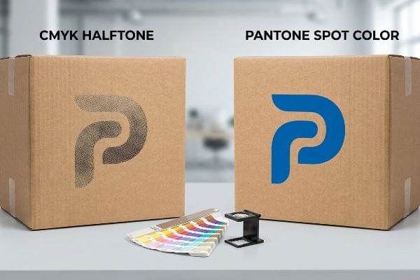 Two cardboard boxes display a 'P' logo, one with CMYK Halftone dots and the other with solid Pantone Spot Color blue.