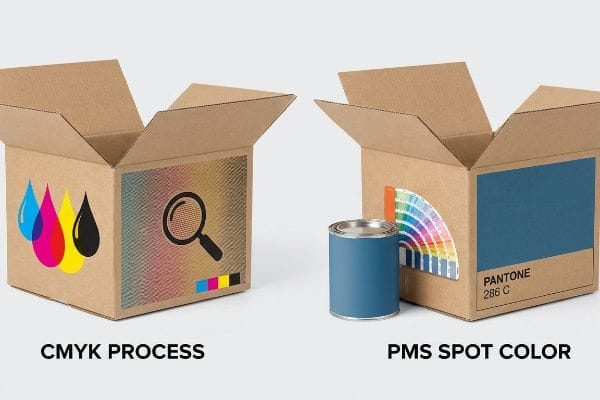 Comparing Cmyk Process and Pms Spot Color printing: Cmyk ink drops, pixelated texture; Pms Pantone 286 C paint can, color swatch.
