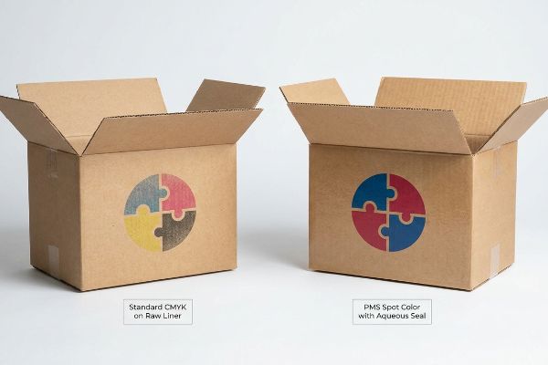 Caixas de papelão ondulado marrom exibem impressão CMYK padrão em revestimento cru, mostrando cores suaves, ao lado de cores vibrantes PMS com impressão de selagem aquosa.