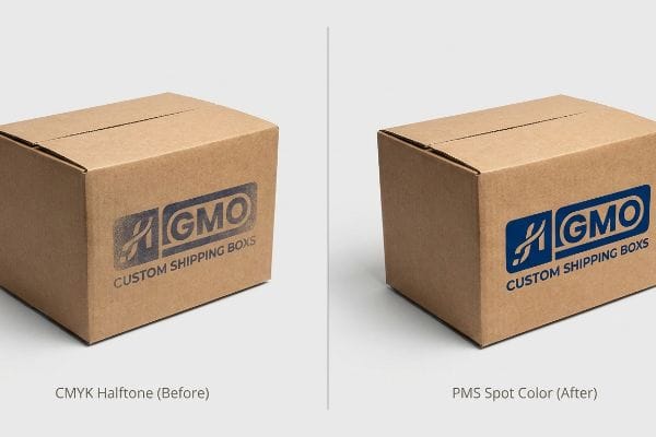 Corrugated boxes display GMO Custom Shipping Boxes logo, comparing faded CMYK Halftone (Before) to vibrant PMS Spot Color (After) print quality.