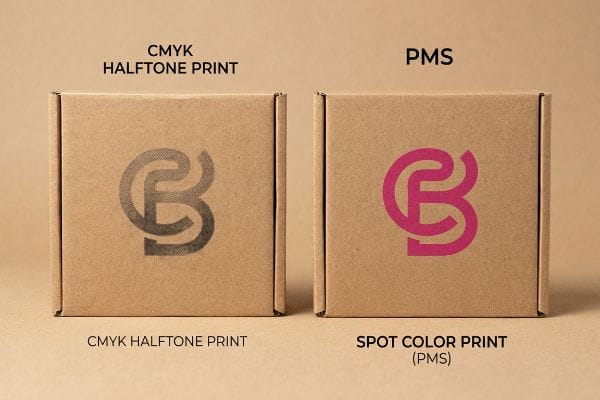 Two corrugated cardboard boxes showcase logo print quality: CMYK Halftone Print with visible dots versus vibrant PMS Spot Color Print.