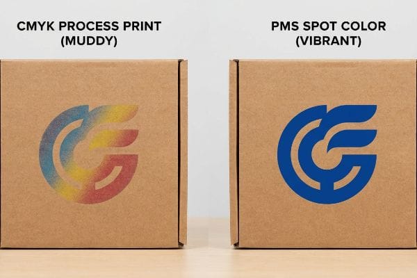 棕色瓦楞纸箱对比印刷质量:模糊的 CMYK 四色印刷标志(颗粒状渐变)和鲜艳的 PMS 专色标志(纯蓝色)。.