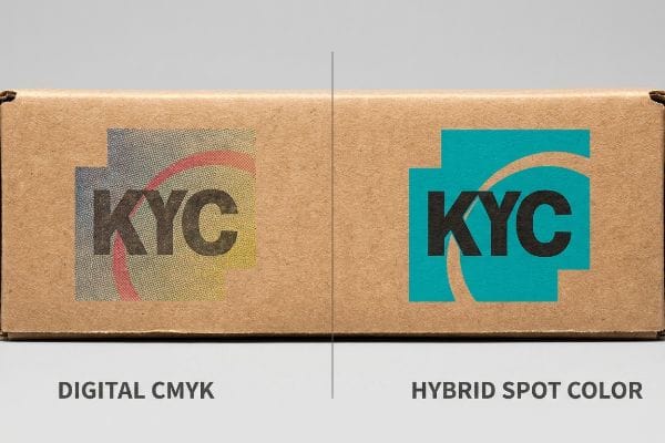 A brown corrugated box showcases the KYC logo printed with grainy Digital Cmyk halftone versus vibrant Hybrid Spot Color for superior brand consistency.