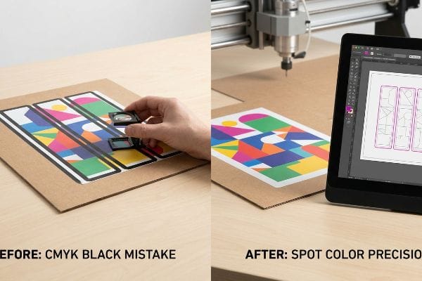 Cardboard display comparison shows a hand inspecting a Cmyk Black Mistake print next to a Cnc router and tablet demonstrating Spot Color Precision for cutting.