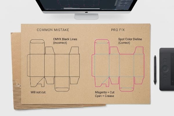 Corrugated board displays incorrect CMYK Black Lines versus correct Spot Color Dieline, with Magenta for cuts and Cyan for creases.