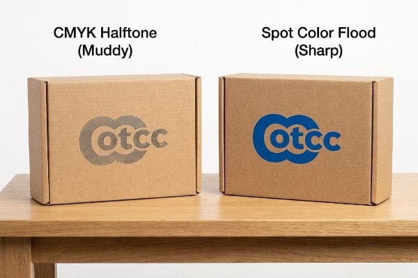 Two brown corrugated cardboard boxes display Cotcc logos: one with muddy CMYK Halftone print, the other with sharp Spot Color Flood.