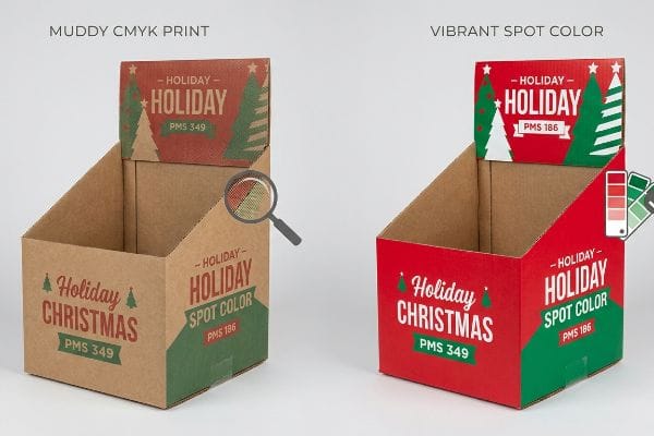 Corrugated retail display boxes demonstrating the contrast between a muddy CMYK print and a vibrant spot color print for holiday promotions, featuring PMS 186 and PMS 349.
