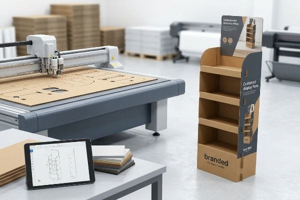Automated CNC machine cutting corrugated paperboard, a tablet displaying CAD software, and a finished Branded custom in-store display.