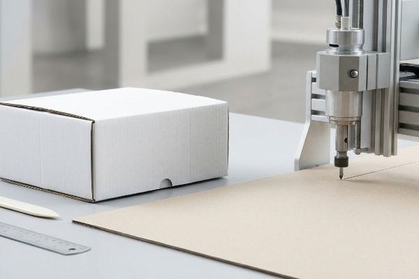 White corrugated cardboard box sits beside a CNC cutting table scoring a brown sheet for rapid prototyping of a white sample.