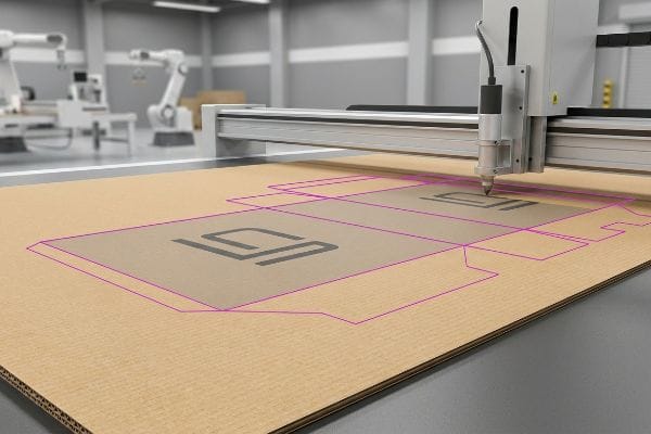Corrugated cardboard sheet being precisely cut by a CNC machine, showing magenta dielines for custom packaging and a stylized logo in an automated factory.