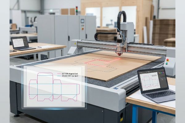 CNC cutting machine laser-cutting a cardboard dieline, with a laptop displaying the vector file showing Cut (100% Magenta Spot) and Crease (100% Cyan Spot) lines.