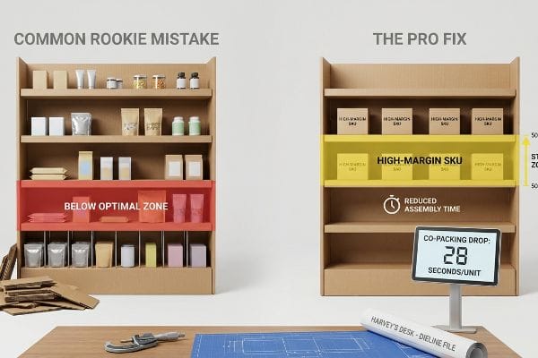 Cardboard shelves contrast Common Rookie Mistake with products in Below Optimal Zone to The Pro Fix, showing High-Margin Sku placement, Co-Packing Drop: 28 Seconds/Unit, and a Dieline File.