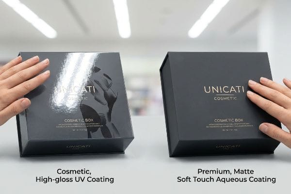 Two Unicati Cosmetic boxes showcase High-gloss UV and Soft Touch Aqueous coatings.