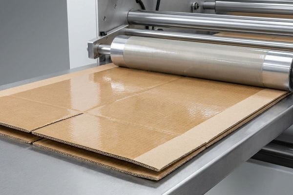 Corrugated cardboard sheet moving under a coating roller, showing a glossy finish with a precise 'Gloss Keep-Out Zone' on the edge for strong adhesive bonding.