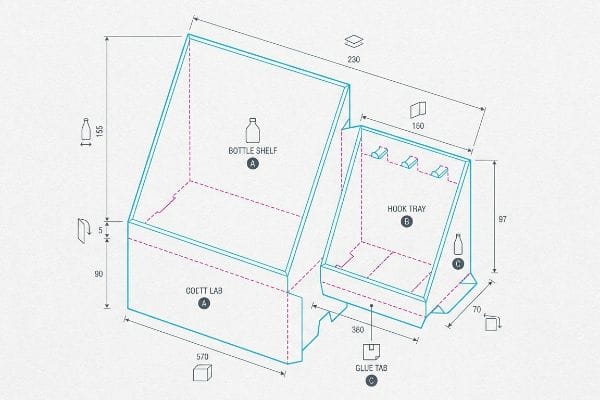 Isometric technical drawing of a Bottle Shelf and Hook Tray display unit, showing Coett Lab, Glue Tab, and key dimensions.