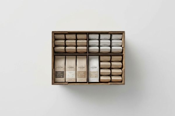 Vue aérienne d'une boîte présentoir en carton ondulé remplie de divers produits de marques de café, notamment des sacs en papier kraft et des petites boîtes individuelles.