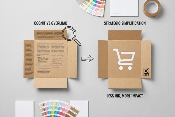 Kraft board packaging illustrates the contrast between Cognitive Overload, with dense text and a magnifying glass, and Strategic Simplification, featuring a shopping cart icon and a logo, emphasizing Less Ink, More Impact.